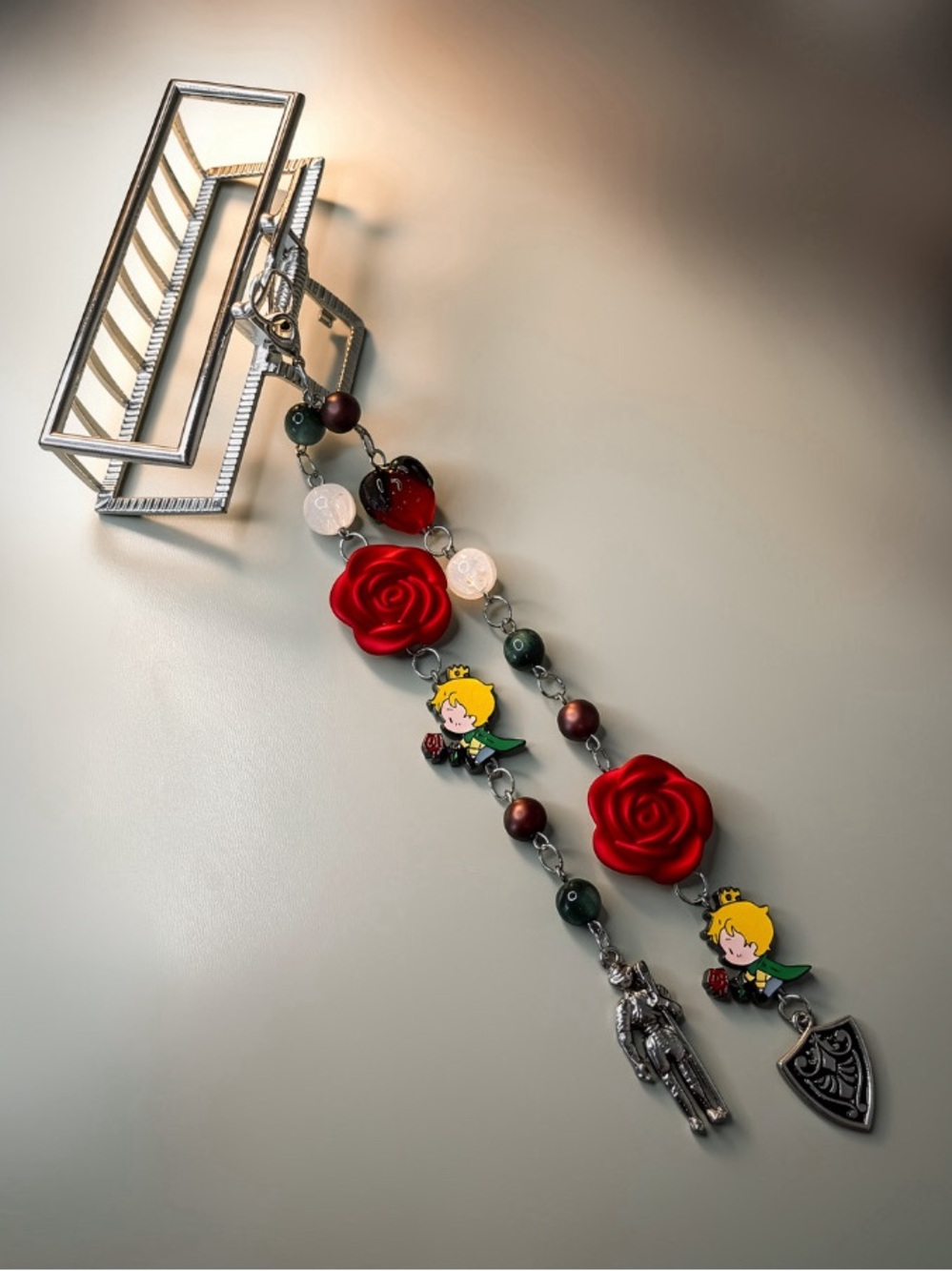 Cute Red Rose & Little Prince, Knight, Shield Handmade Charmed Claw Hair Clip
